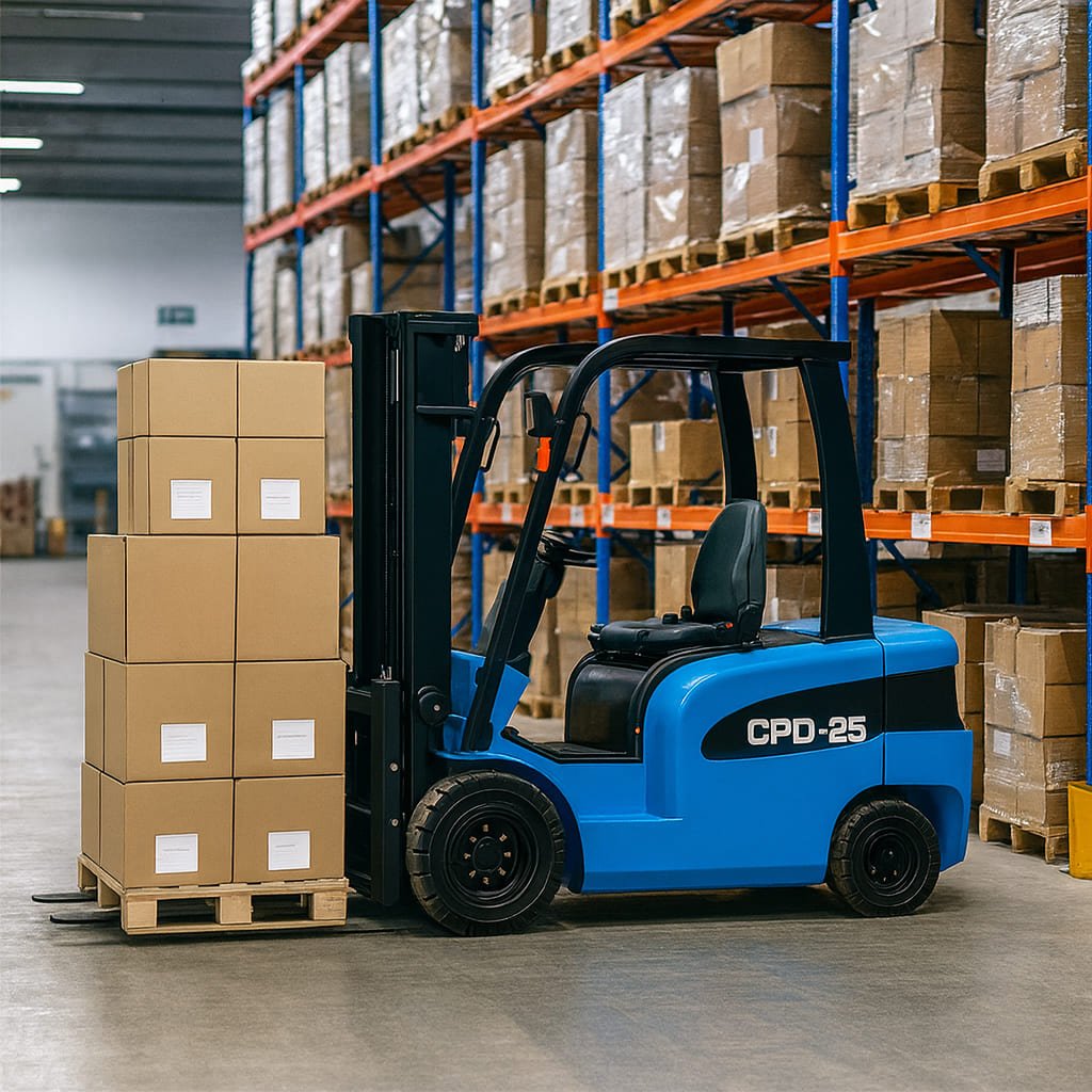 Voltruk forklift operating in warehouse storage